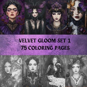 75 Páginas para colorir em tons de cinza de veludo sombrio para adultos: retratos de mulheres góticas | Academia sombria | Vampiros, bruxas, fadas | PDF para impressão