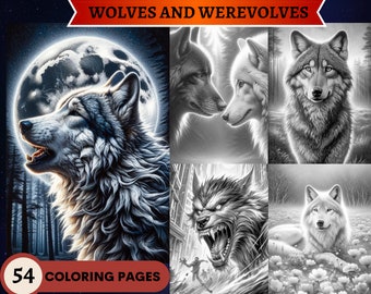 54 Lobos Páginas para colorear en escala de grises / Páginas para colorear para adultos imprimibles / Descargar ilustración en escala de grises / Animales Naturaleza