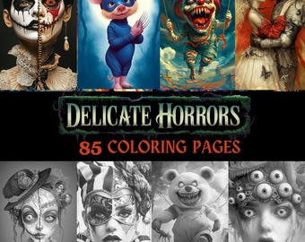 85 Delicate Horrors Grayscale Coloring Pages | Creepy Scary Horror Gothic Surreal Portraits | Clowns | Printable Dark Fantasy Book PDF