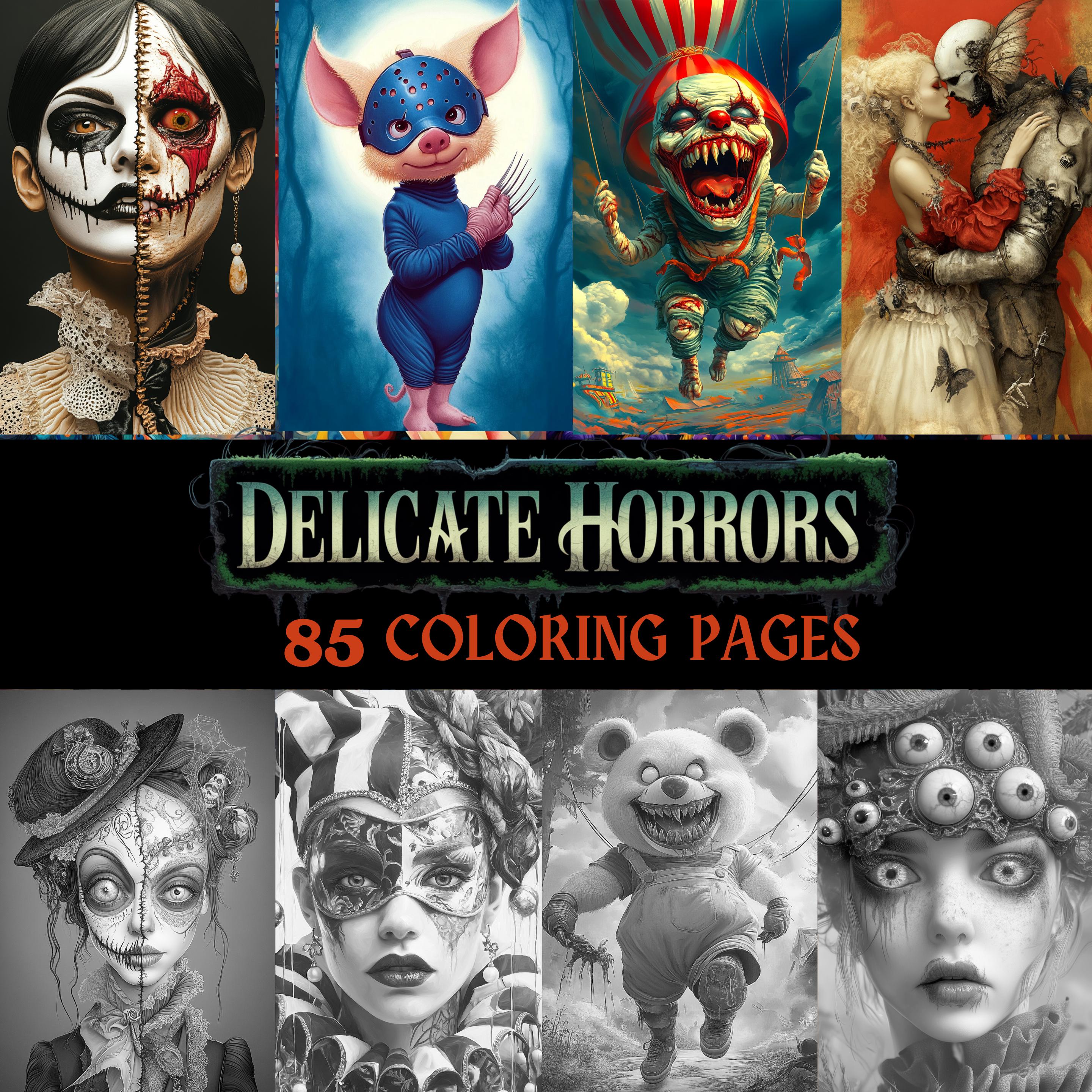 85 Delicate Horrors Grayscale Coloring Pages | Creepy Scary Horror ...