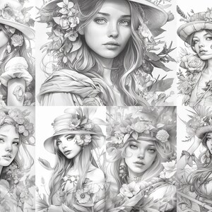 May include: A collection of eight black and white illustrations of women with floral crowns and hats. The women are drawn in a realistic style with intricate details in their hair, clothing, and flowers.