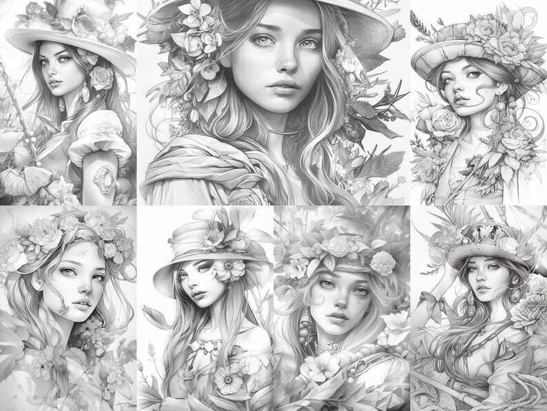 May include: A collection of eight black and white illustrations of women with floral crowns and hats. The women are drawn in a realistic style with intricate details in their hair, clothing, and flowers.
