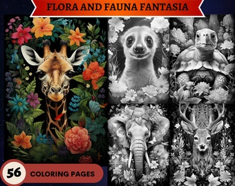 56 Flora and Fauna Fantasia Grayscale Coloring Pages | Animals flowers plants adults coloring pages| Printable PDF | Instant Download