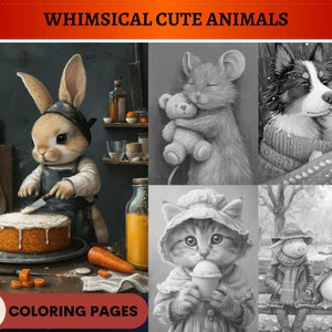 80 Whimsical Cute Animals Grayscale Coloring Pages | Printable Adult Kids Coloring Pages | Download Grayscale | Fantasy