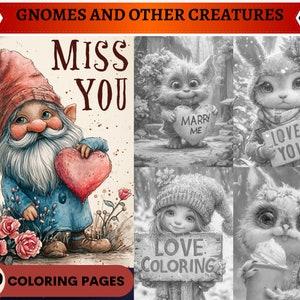 100 Gnomes and other wonderful creatures saying sweet things| Printable Adult Coloring Pages | Download Grayscale Illustration