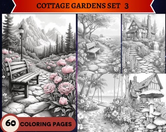 60 magníficos jardines de cabañas set 3 páginas para colorear en escala de grises / Páginas para colorear para adultos imprimibles / Descargar ilustración en escala de grises / Flores