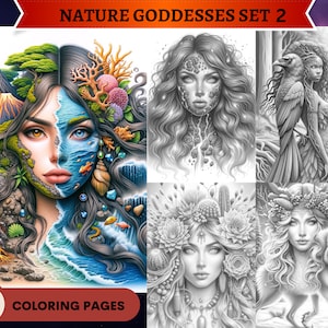 48 Nature Goddesses Set 2 Grayscale Coloring Pages | Printable Adult Coloring Pages | Download Grayscale | Animals coloring | Instant PDF