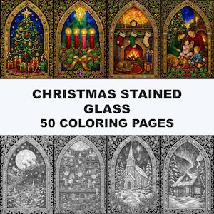 Könnte beinhalten: Eine Sammlung von 50 Weihnachtsmalvorlagen im Buntglas-Stil mit detaillierten schwarz-weißen Strichzeichnungen von festlichen Szenen, darunter der Weihnachtsmann im Schlitten, Elfen in einer Werkstatt, eine Kirche und eine Hütte, mit farbigen Beispielen.