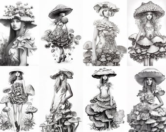 40 Fungi | Mushroom Women and Girls Coloring Pages | Printable Adult Coloring Pages | Download Grayscale Illustration