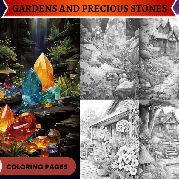 60 Cottage Gardens and Precious Stones | Gems | Landscapes | Printable Adult Coloring Pages | Download Grayscale Illustration