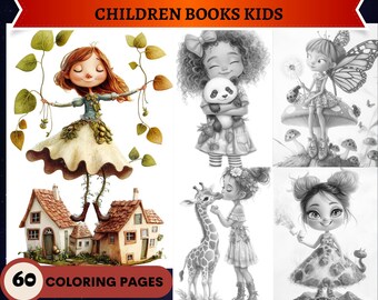 60 Children Books Kids Portraits Grayscale Coloring Pages Printable Adult Coloring Pages Download Grayscale Illustration Kits Cute Fairytale