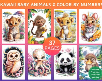 37 Color by Number Pages, Digital Coloring Pages, Paint by Numbers Bundle, Procreate Adults Coloring Book, Kawaii Baby Animals Set 2
