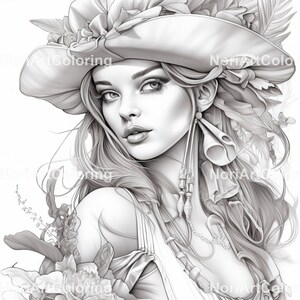 May include: A black and white line drawing of a woman with long hair wearing a hat adorned with flowers and feathers. She is wearing a necklace and earrings. The drawing is detailed and intricate.