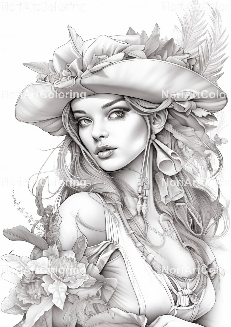 May include: A black and white line drawing of a woman with long hair wearing a hat adorned with flowers and feathers. She is wearing a necklace and earrings. The drawing is detailed and intricate.