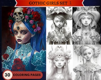 May include: A set of 30 coloring pages featuring gothic girls with intricate details and dark themes. The images include a girl with a skull crown and roses, a girl with a wide-brimmed hat, and a girl with a skull crown and flowers.