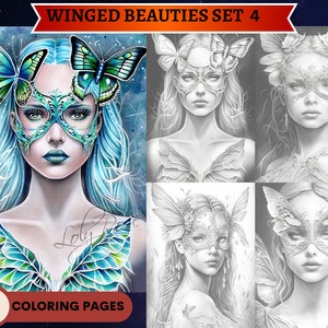 10 Winged Beauties | Insect Queens Set 4 Coloring Pages | Printable Adult Coloring Pages | Download Grayscale Illustration