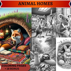 Könnte beinhalten: Ein Malbuch mit 38 Malvorlagen und 18 Bonusseiten. Der Umschlag zeigt Illustrationen eines Fuchses in einer gemütlichen Höhle, eines Kängurus beim Malen, eines Koalas beim Tee trinken, eines Faultiers in einem Baum und eines Kaninchens in einem Bau. Der Titel des Buches lautet "Animal Homes".