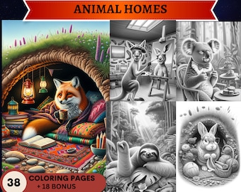 38 Funny Animal Homes Grayscale Coloring Pages (+18 bonus) | Coloring pages Adults and kids | Instant Download | Animals Coloring