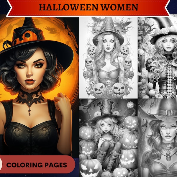 34 Halloween Women with NO Flowers Grayscale Coloring Pages | Autumn Gothic Women Coloring| Printable Adult Coloring Pages | Printable PDF