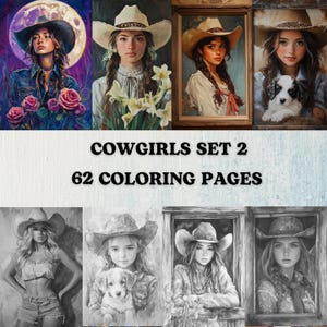 62 Cowgirls Set 2 Grayscale Coloring Pages Printable Adult Coloring Pages Download Grayscale Illustration Western Girls Women Coloring Set