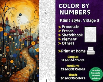 Coloriage par numéros, Pages de coloriage numériques, Peinture par numéros, Livre de coloriage Procreate, Livre de coloriage pour adultes, Le village de Klimt 3 à colorier par numéros