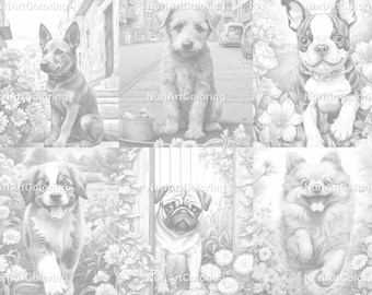 56 Perros de diferentes razas Set 3/Páginas para colorear en escala de grises / Páginas para colorear para niños adultos imprimibles /Descargar ilustración en escala de grises/PDF imprimible