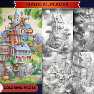 42 Magical Places Set 1 Coloring Book | Printable Adult Coloring Pages | Download Grayscale | PDF file