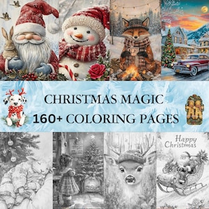 160 Graustufen Weihnachts-Winter-Malvorlagen für Erwachsene | Sofortdownload | Vintage Karten Landschaften süße Tiere Santa Schnee Printable PDF