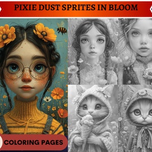 Puede incluir: Un libro para colorear con 60 páginas con ilustraciones de chicas y gatos con flores. La portada presenta a una chica con gafas que lleva un suéter amarillo y flores en el pelo. El título del libro es "Pixie Dust Sprites in Bloom".