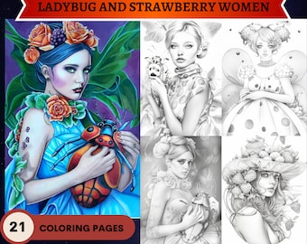 21 Ladybug and Strawberry Women Coloring Pages | Printable Adult Coloring Pages | Grayscale Illustration | Beautiful Women