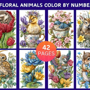 42 Floral Animal Fairytales Color by Number Pages, Digital Coloring Pages, Paint by Numbers Bundle, Procreate Adults Coloring Book, CBN