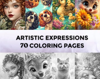 70 Artistic Expressions Grayscale Coloring Pages | Printable Cute Cartoon Animal Pets Pages | Download Grayscale | Women Portraits | Cats