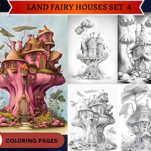 20 Grayscale Land Fairy Houses Coloring Book Set 4 | Printable Adult Coloring Pages | Download Grayscale Illustration | Printable PDF file