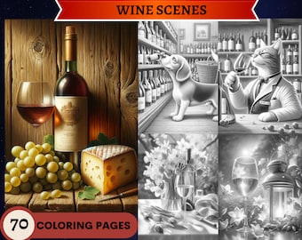 70 páginas para colorear en escala de grises de escenas de vino / Páginas para colorear imprimibles para niños adultos / Descargar escala de grises / Bodegones divertidos y lindos de animales