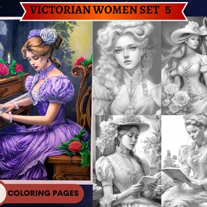 30 Beautiful Victorian Women and Girls Set 5 Coloring Pages | Printable Adult Coloring Pages | Download Grayscale Illustration