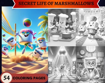 54 Secret Life of Marshmallows Grayscale Coloring Pages  | Printable Adult Coloring Pages | Download Grayscale | Instant PDF