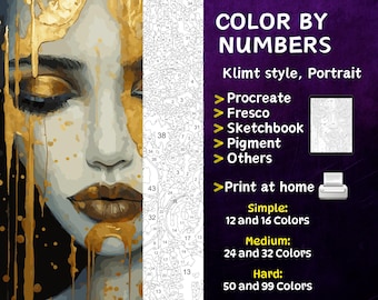 Color by Number, Digital Coloring Pages, Paint by Numbers, Procreate Coloring Book, Adults Coloring Book, Klimt Portrait Coloring by Number
