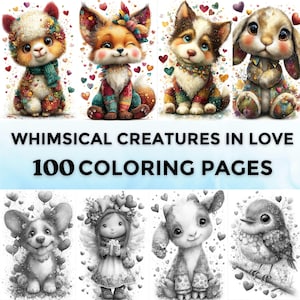 May include: A collection of whimsical, colorful creatures, including a llama, fox, husky, and bunny, adorned with floral and heart accents. The image includes the text "WHIMSICAL CREATURES IN LOVE" and "100 COLORING PAGES".
