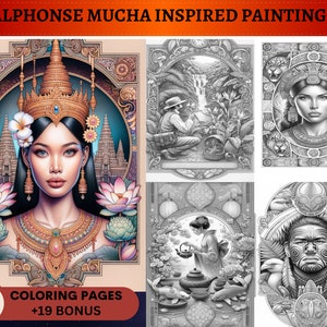May include: A collection of 34 colouring pages inspired by the artwork of Alphonse Mucha, showcasing intricate designs and detailed illustrations. The pages feature a woman wearing a crown, a man in a jungle setting, a woman in traditional dress, and a man with tribal markings. The set also includes 19 bonus pages.