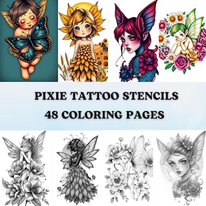 Könnte beinhalten: Ein Set mit 48 Malvorlagen mit Feen-Tattoo-Schablonen. Die Bilder zeigen Feen mit Flügeln, Blumen und andere fantasievolle Designs.