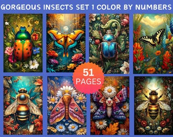 Conjunto 1 com 51 lindos insetos para colorir por números, páginas digitais para colorir, pacote de pintura por números, livro de colorir para adultos no Procreate, flores.