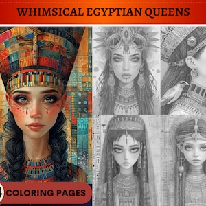 104 Whimsical Egyptian Queens Coloring Pages | Printable Adult Coloring Pages | Download Grayscale Illustration