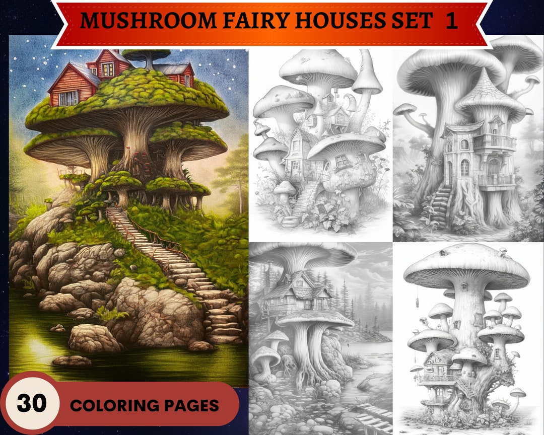 Mushroom Fairy Homes Grayscale Coloring Book (Spiral Bound)