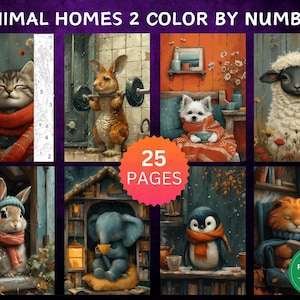 25 Color by Number Pages, Digital Coloring Pages, Paint by Numbers Bundle, Procreate Adults Coloring Book, Animal Homes Set 2