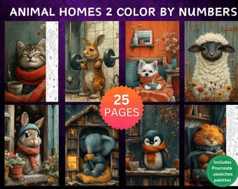 25 Color by Number Pages, Digital Coloring Pages, Paint by Numbers Bundle, Procreate Adults Coloring Book, Animal Homes Set 2