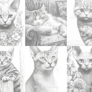 61 Cats Different Breeds |Grayscale Coloring Pages | Printable Adult Kids Coloring Pages | Download Grayscale Illustration | Printable PDF