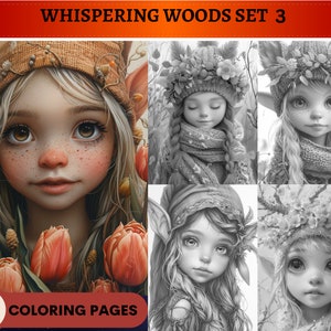 Könnte beinhalten: Ein Satz von vier Schwarzweiß-Malvorlagen mit Illustrationen von skurrilen, feenhaften Figuren mit Blumen und Blättern im Haar. Der Text "WHISPERING WOODS SET 3" befindet sich oben im Bild. Der Text "60 COLORING PAGES" befindet sich unten im Bild.