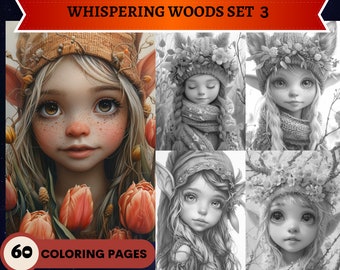 60 Whispering Woods Set 3: Elves and Enchanted Beings Coloring Pages | Printable Adult Coloring Pages | Download Grayscale Illustration