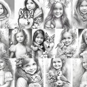 13 Beautiful Girls Childhood Innocence Coloring Pages | Printable Adult Coloring Pages | Grayscale Illustration | Printable|Animals