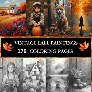 175 Vintage herfstschilderijen, kleurplaten in grijstinten voor volwassenen | Direct downloaden | Vintage, sfeervolle, nostalgische herfst printbaar PDF-bestand